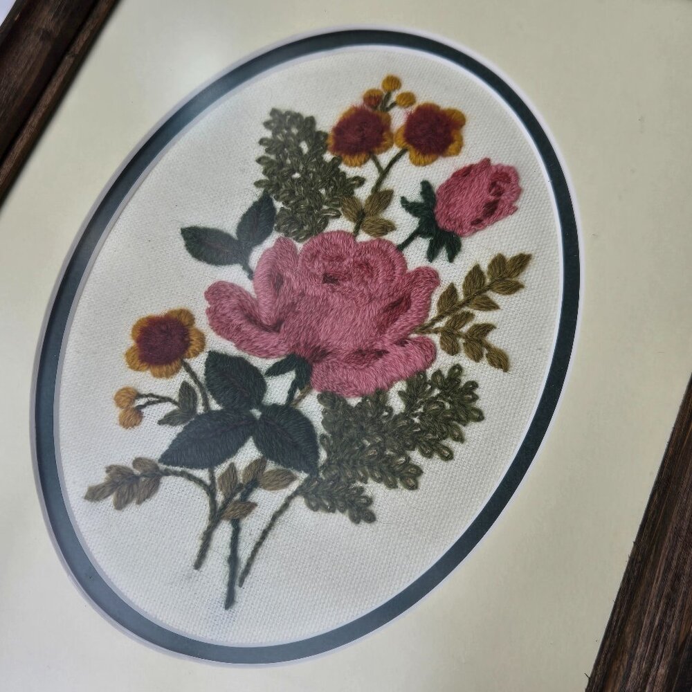 Vintage Framed Floral Embroidery – Oval Pink Rose Floral Embroidery Painting